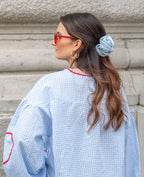 Dahlia | Women's Heart Blouse | Gingham, Ruffle, Tie-Front | Romantic