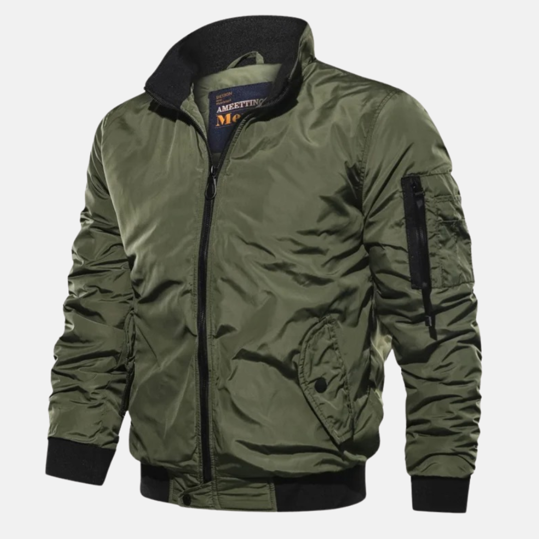 Men Bomber Jacket Zip Up Windproof Ribbed Cuff