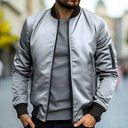 Men slim fit bomber jacket full zip lightweight stand collar