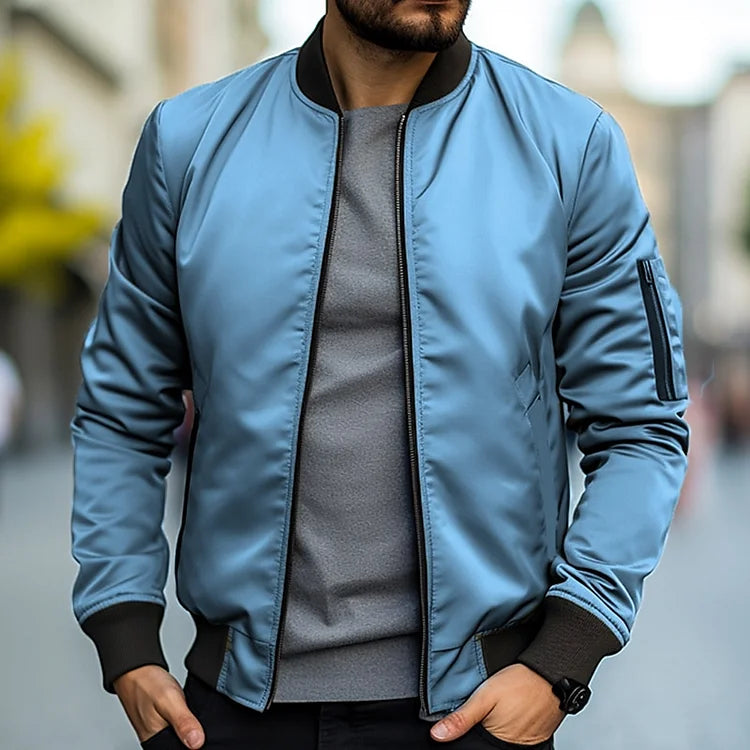 Men slim fit bomber jacket full zip lightweight stand collar