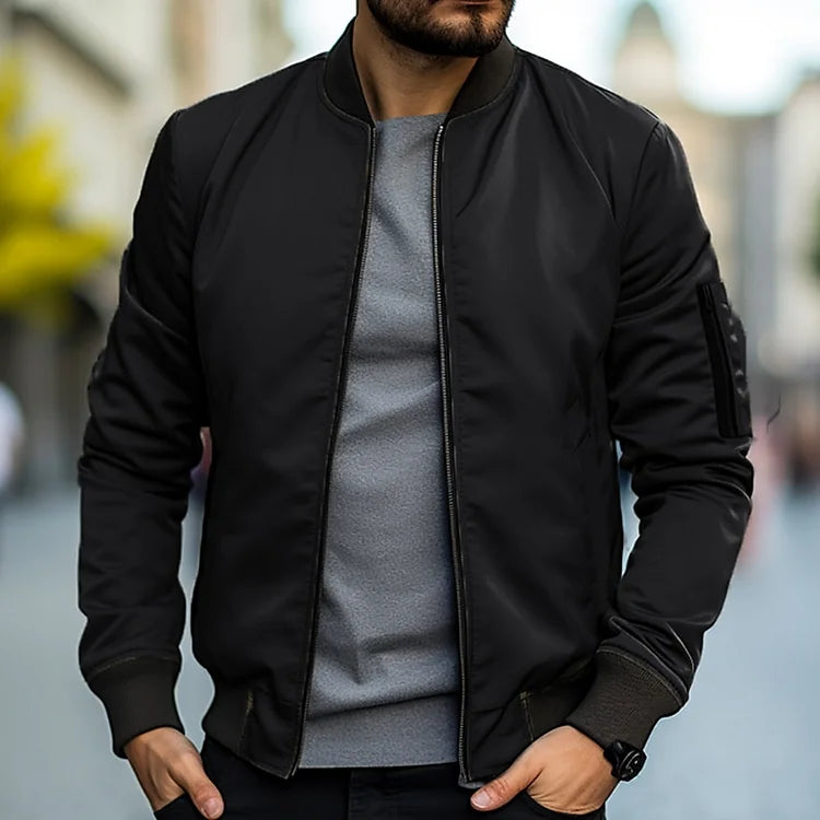 Men slim fit bomber jacket full zip lightweight stand collar