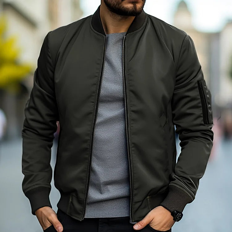 Men bomber jacket windproof lightweight with zip closure and ribbed cuffs