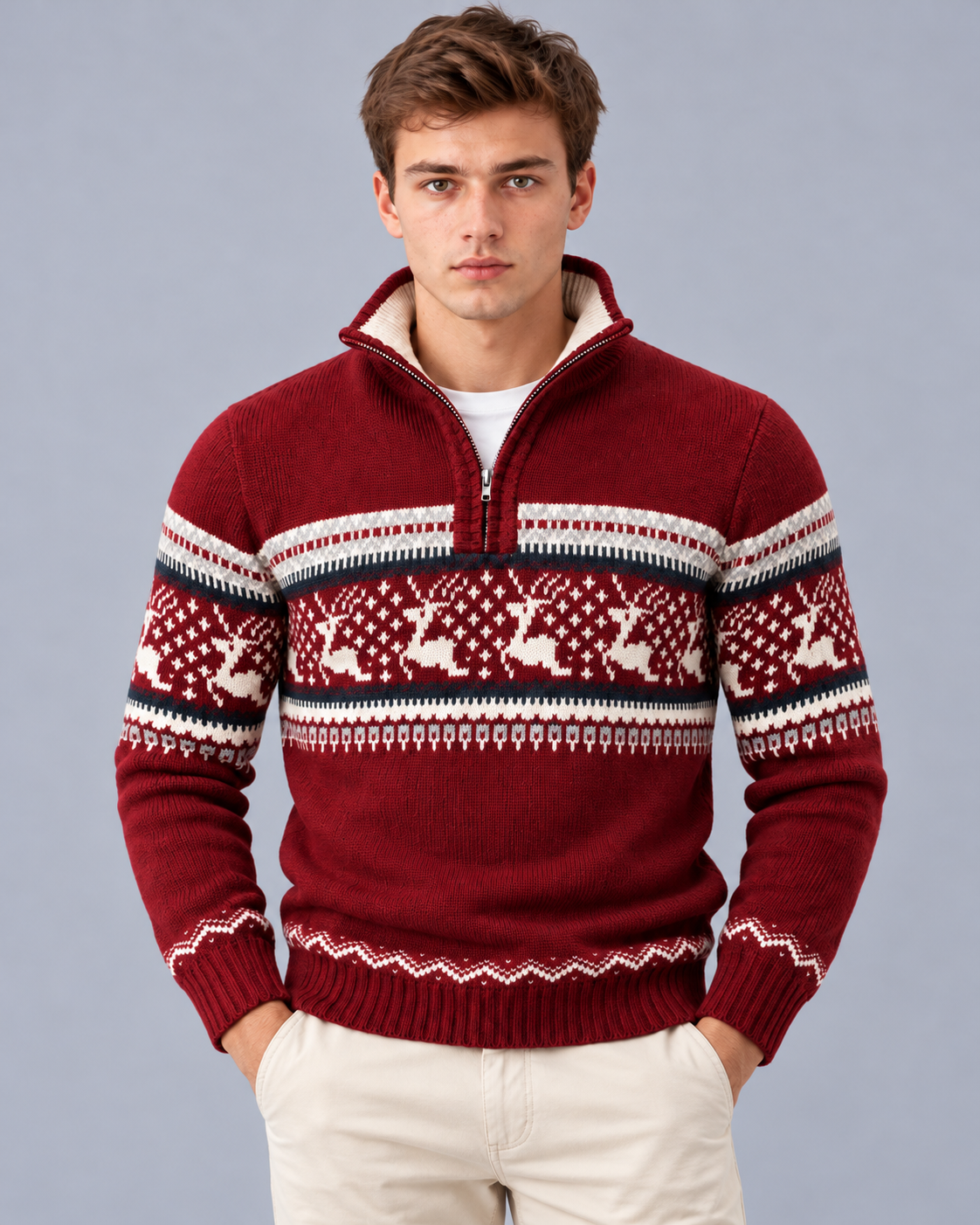 Christmas Sweater Men Quarter Zip Fair Isle Reindeer Knit Winter