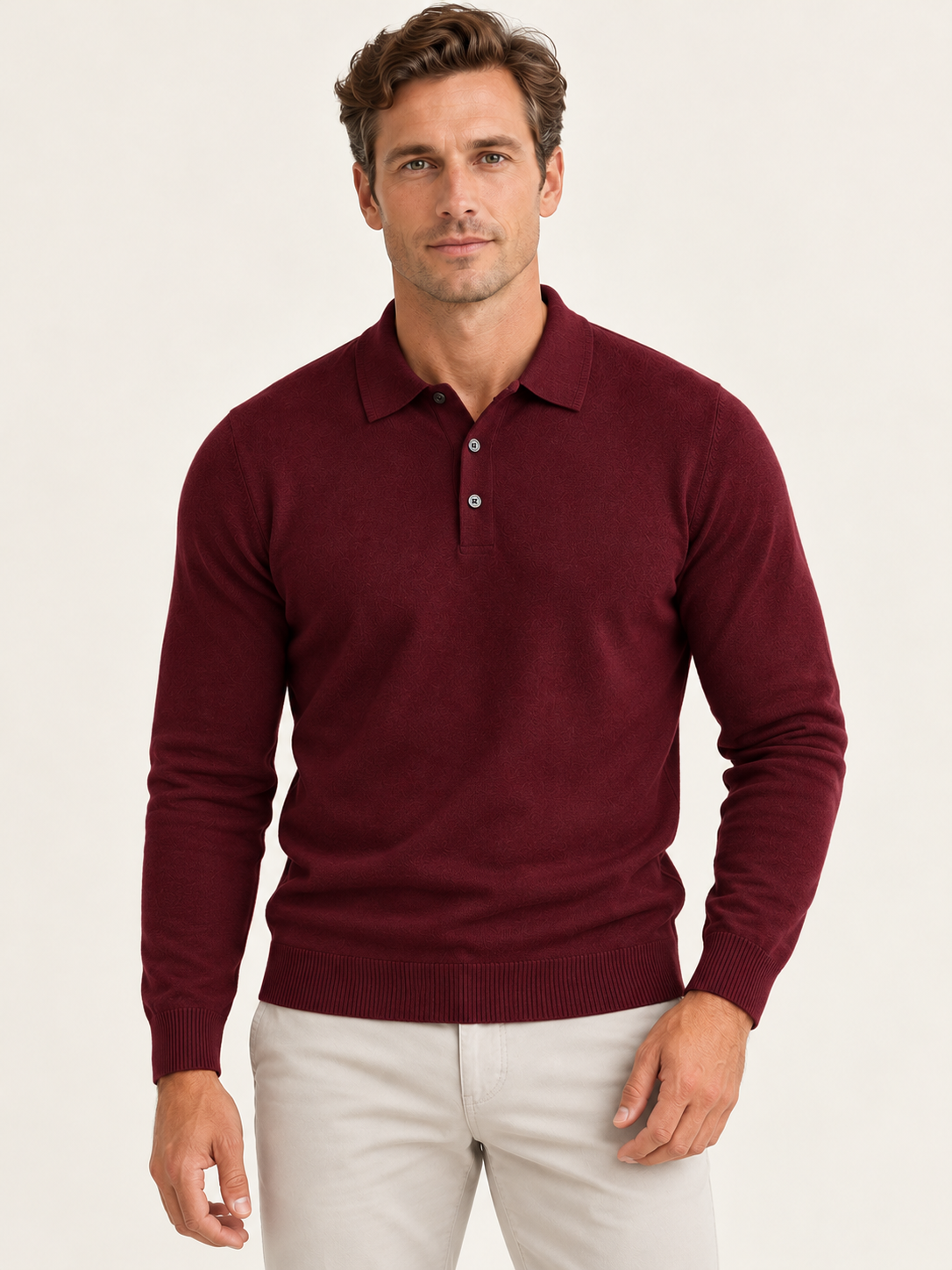 Men Polo Shirt Long Sleeve Knitted Ribbed Cuff Autumn Winter