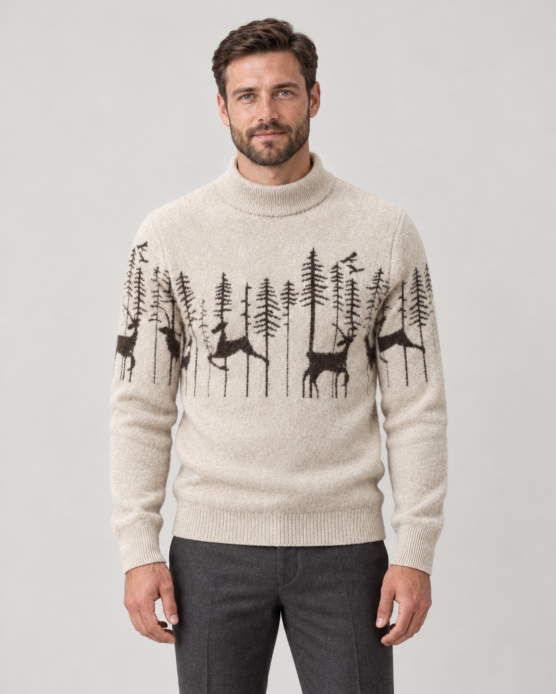 Christmas Sweater Men Festive Reindeer Jacquard Knit Mock Neck