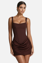 Women Mini Dress Square Neckline Ruched Draped Hem