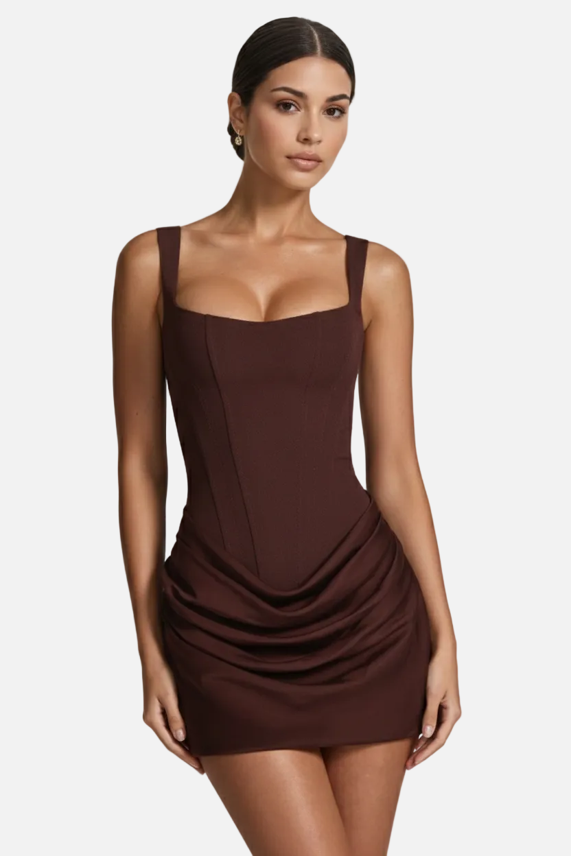 Women Mini Dress Square Neckline Ruched Draped Hem