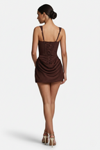 Women Mini Dress Square Neckline Ruched Draped Hem