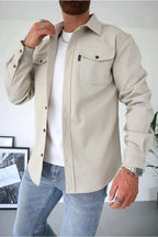 Men Long Sleeve Button Up Shirt Chest Pockets Overshirt