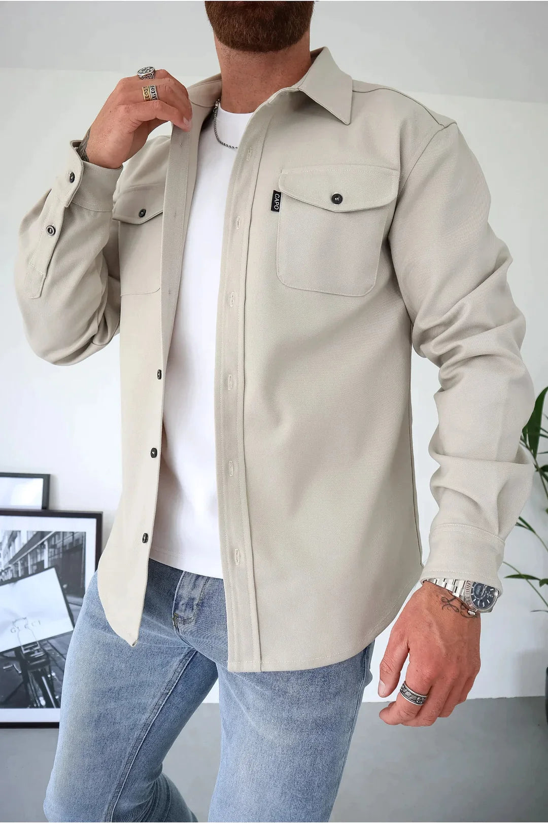 Men Long Sleeve Button Up Shirt Chest Pockets Overshirt
