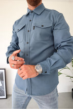 Men Long Sleeve Button Up Shirt Chest Pockets Overshirt
