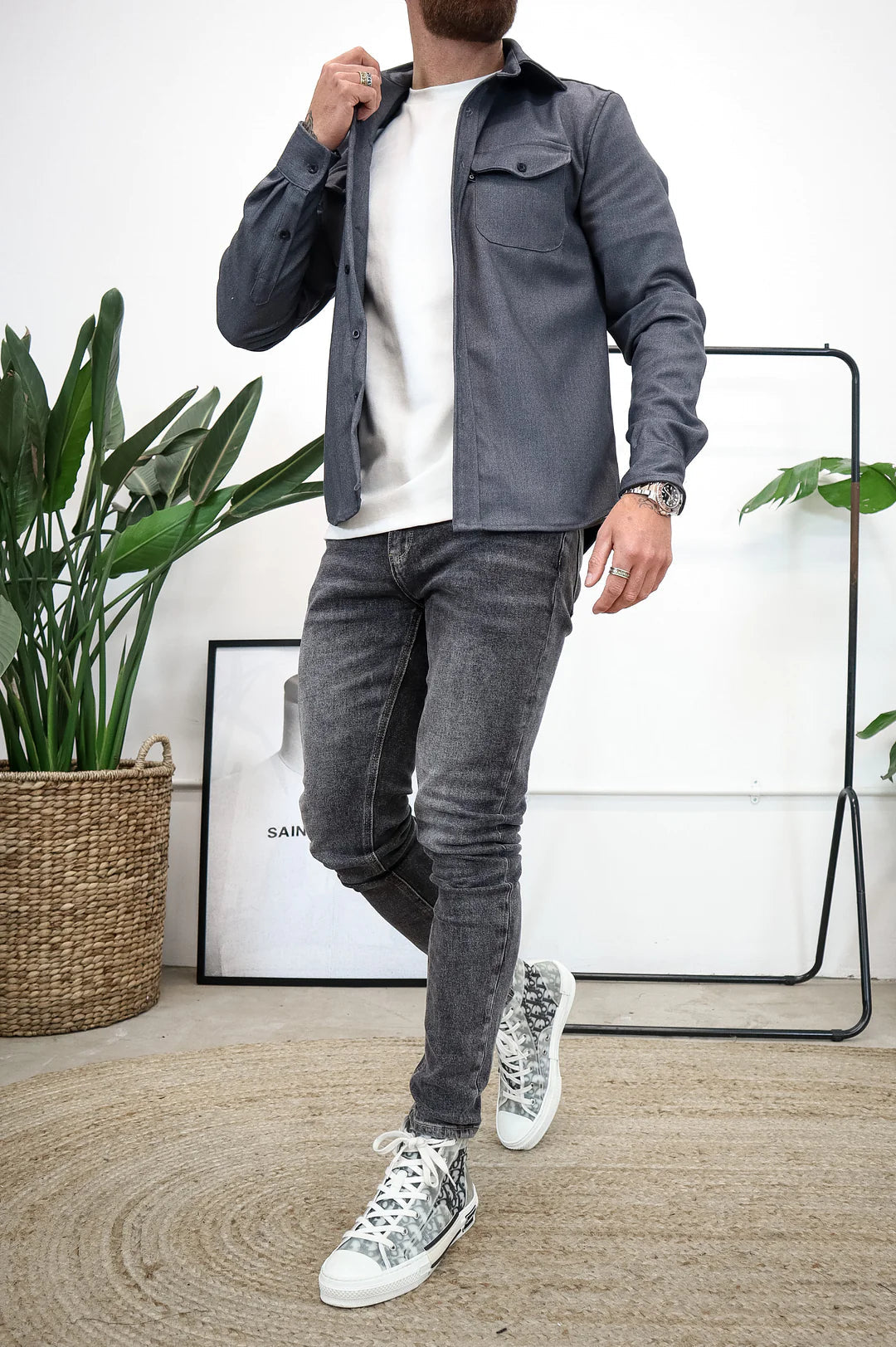 Men Long Sleeve Button Up Shirt Chest Pockets Overshirt
