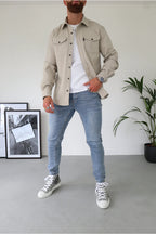 Men Long Sleeve Button Up Shirt Chest Pockets Overshirt