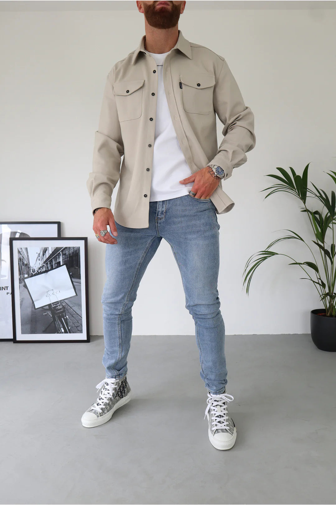 Men Long Sleeve Button Up Shirt Chest Pockets Overshirt