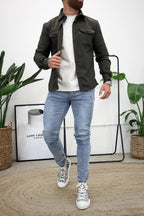 Men Long Sleeve Button Up Shirt Chest Pockets Overshirt