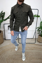 Men Long Sleeve Button Up Shirt Chest Pockets Overshirt