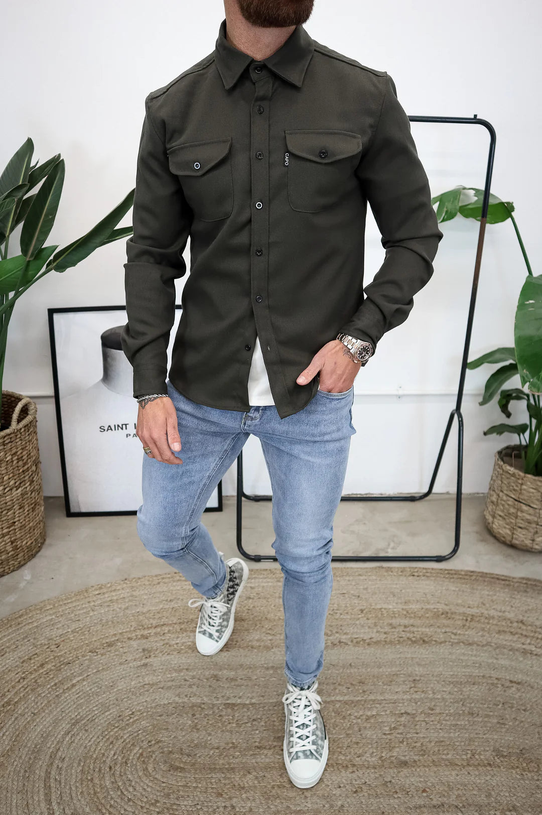 Men Long Sleeve Button Up Shirt Chest Pockets Overshirt