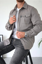Men Long Sleeve Button Up Shirt Chest Pockets Overshirt