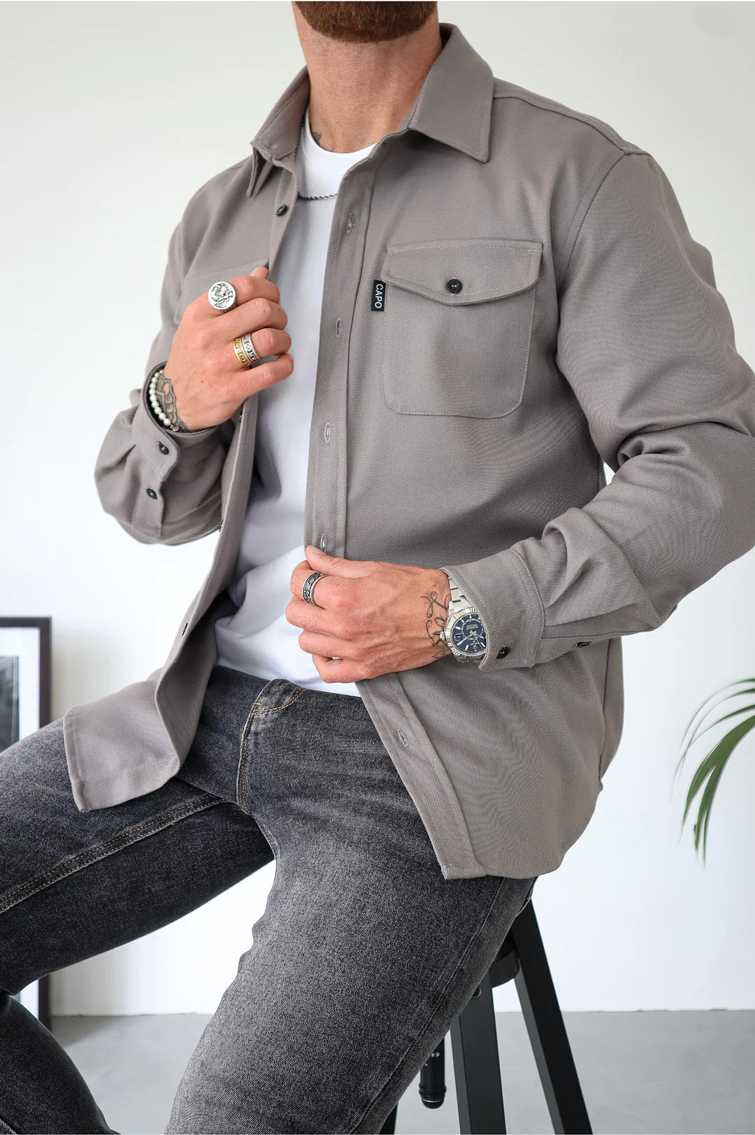 Men Long Sleeve Button Up Shirt Chest Pockets Overshirt