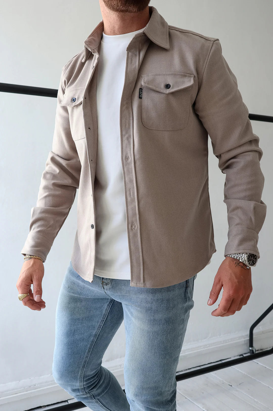 Men Long Sleeve Button Up Shirt Chest Pockets Overshirt