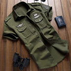 Men Short Sleeve Button Up Shirt Cargo Chest Pockets