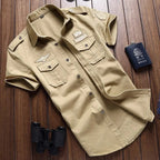 Men Short Sleeve Button Up Shirt Cargo Chest Pockets
