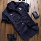 Men Short Sleeve Button Up Shirt Cargo Chest Pockets