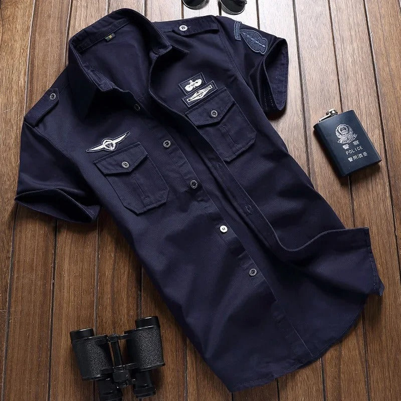 Men Short Sleeve Button Up Shirt Cargo Chest Pockets