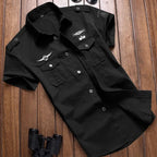 Men Short Sleeve Button Up Shirt Cargo Chest Pockets