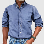Men denim long sleeve button up shirt with collar, classic casual fit