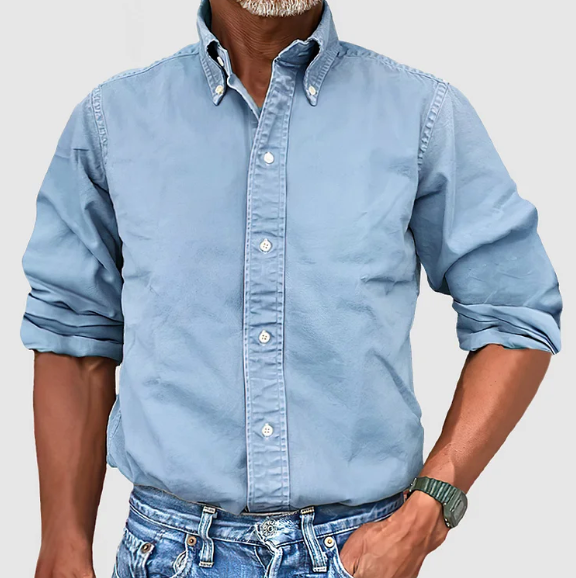 Men denim long sleeve button up shirt with collar, classic casual fit