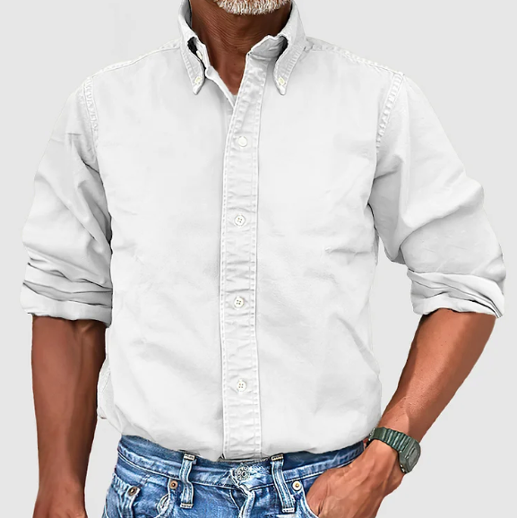 Men denim long sleeve button up shirt with collar, classic casual fit