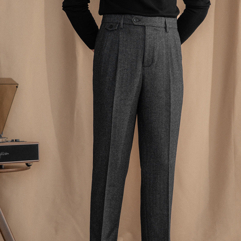 Esma | Men's Wool Trousers | High Waist, Pleated Front | Herringbone