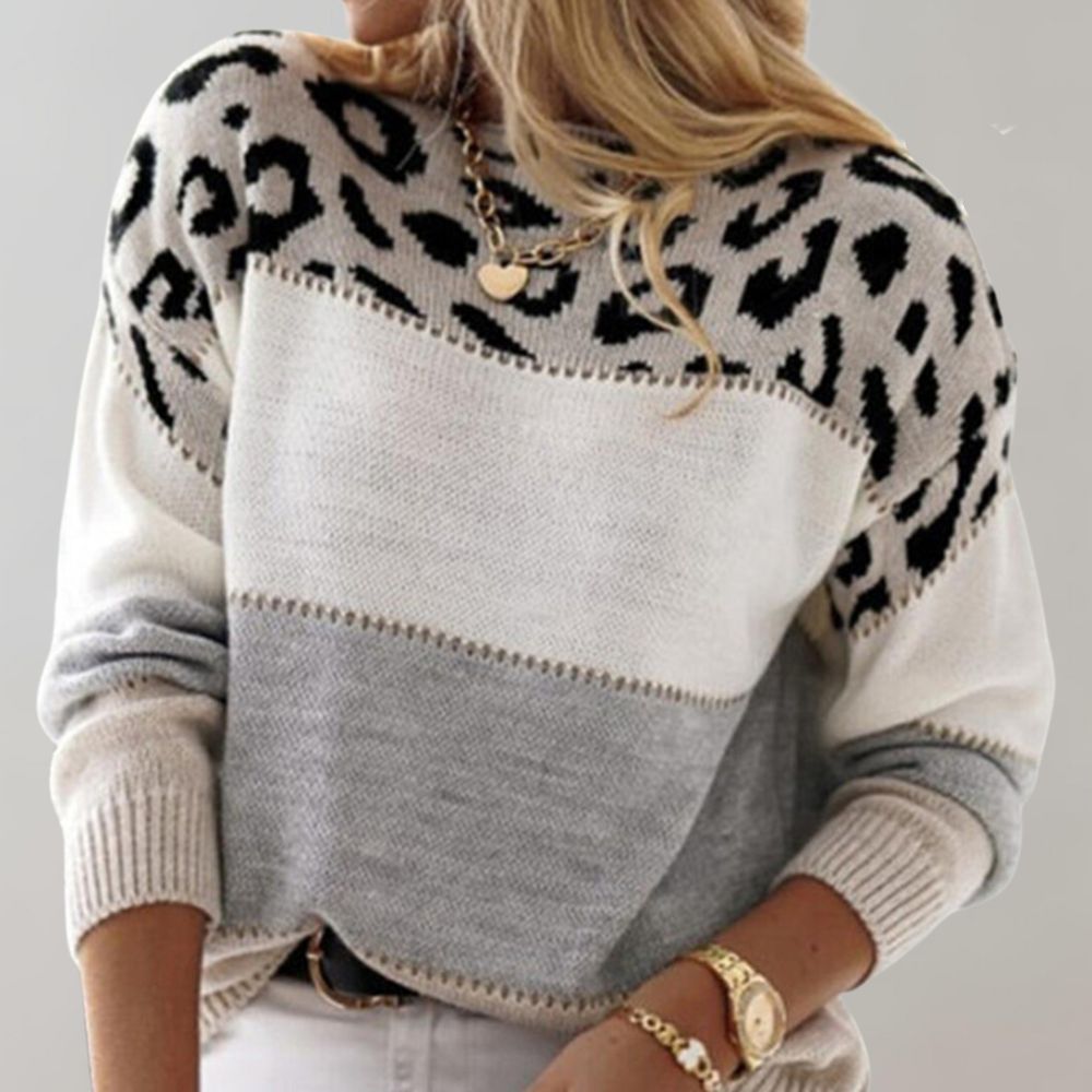 Solveig | Women's Color Block Leopard Knit Sweater | Soft, Casual