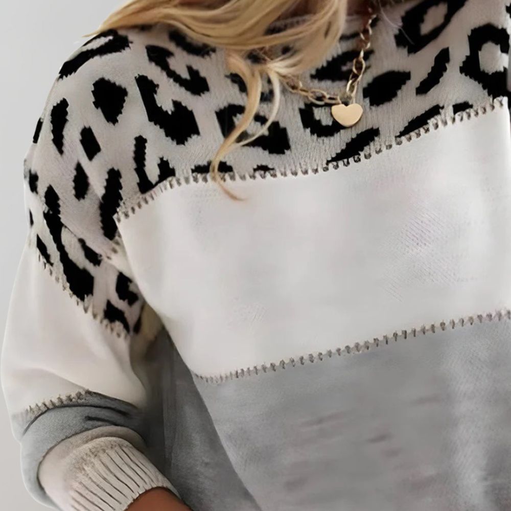 Solveig | Women's Color Block Leopard Knit Sweater | Soft, Casual