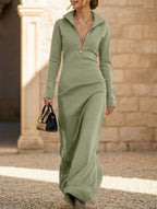 White Maxi Dress Women Long Sleeve Half Zip Polo Neck Slim | Ivy