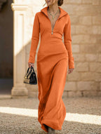 White Maxi Dress Women Long Sleeve Half Zip Polo Neck Slim | Ivy