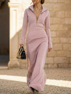 White Maxi Dress Women Long Sleeve Half Zip Polo Neck Slim | Ivy