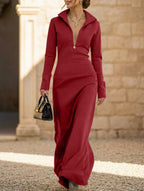 White Maxi Dress Women Long Sleeve Half Zip Polo Neck Slim | Ivy