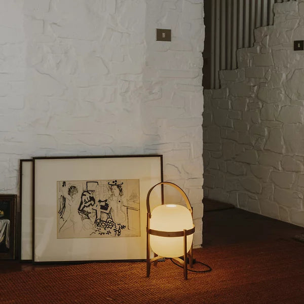 Delphine | Lantern Table Lamp | Portable, Glass Shade | Wood & Walnut