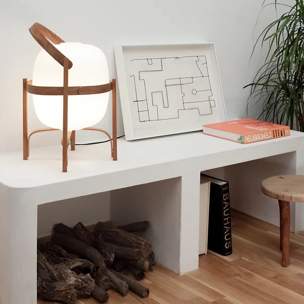 Delphine | Lantern Table Lamp | Portable, Glass Shade | Wood & Walnut