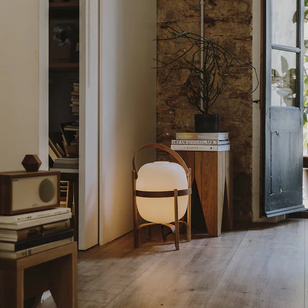 Delphine | Lantern Table Lamp | Portable, Glass Shade | Wood & Walnut