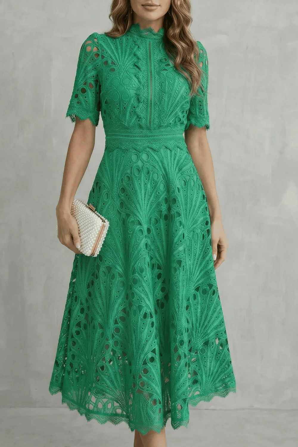Midi Dress Women Lace Cutwork High Neck Short Sleeve Flared Skirt
