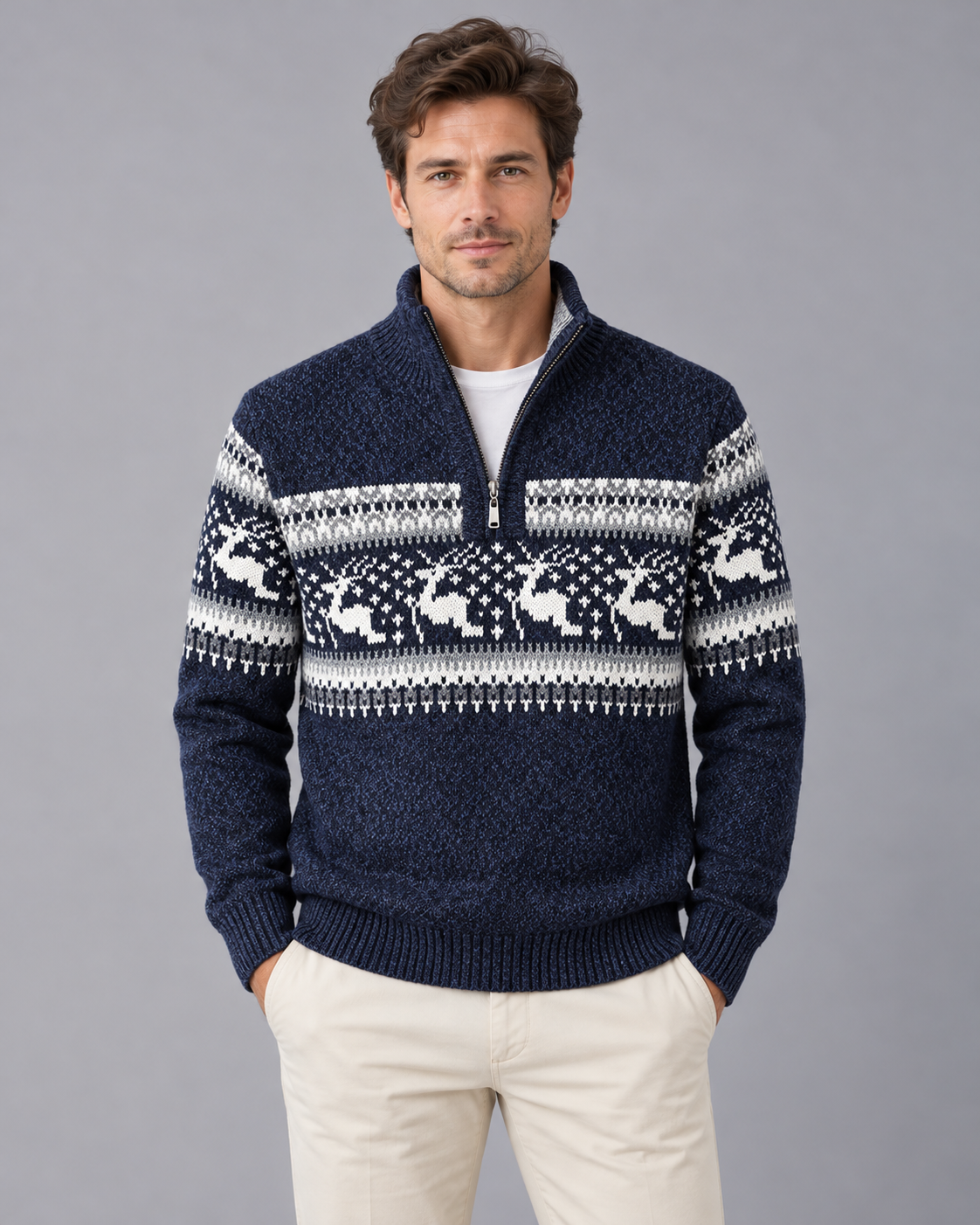 Christmas Jumper Men Wool Blend Fair Isle Half Zip Reindeer Pattern