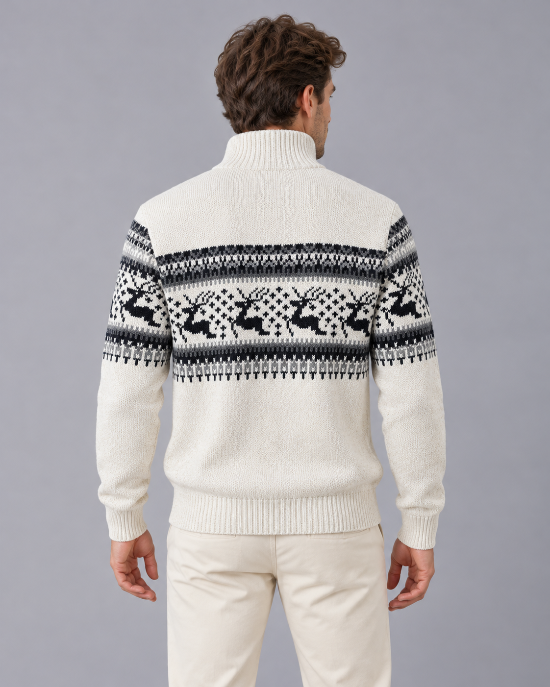 Christmas Jumper Men Wool Blend Fair Isle Half Zip Reindeer Pattern