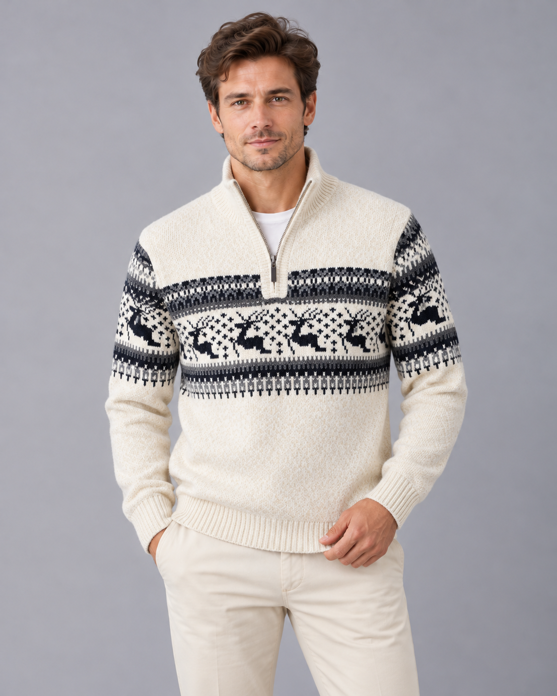 Christmas Jumper Men Wool Blend Fair Isle Half Zip Reindeer Pattern