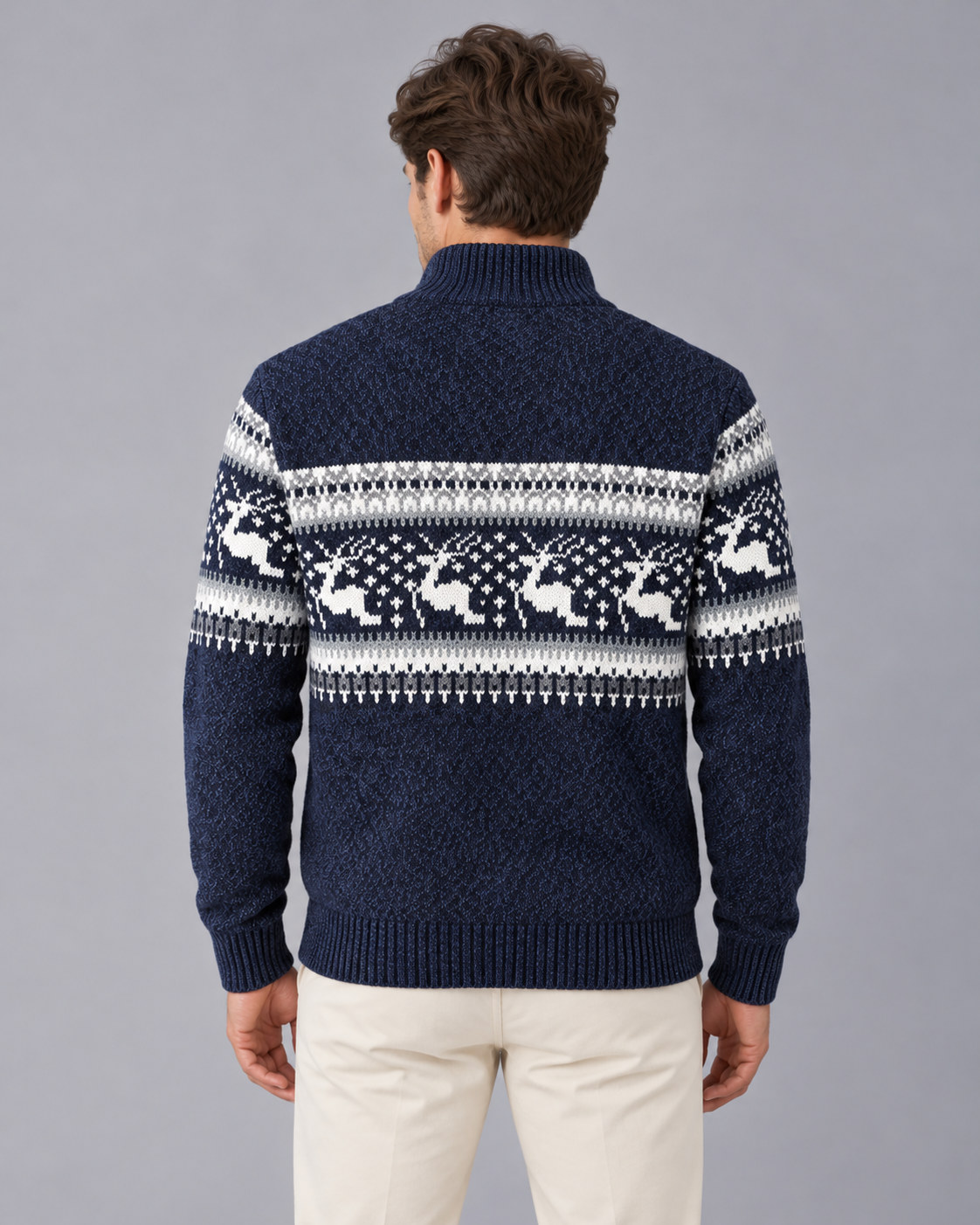 Christmas Jumper Men Wool Blend Fair Isle Half Zip Reindeer Pattern