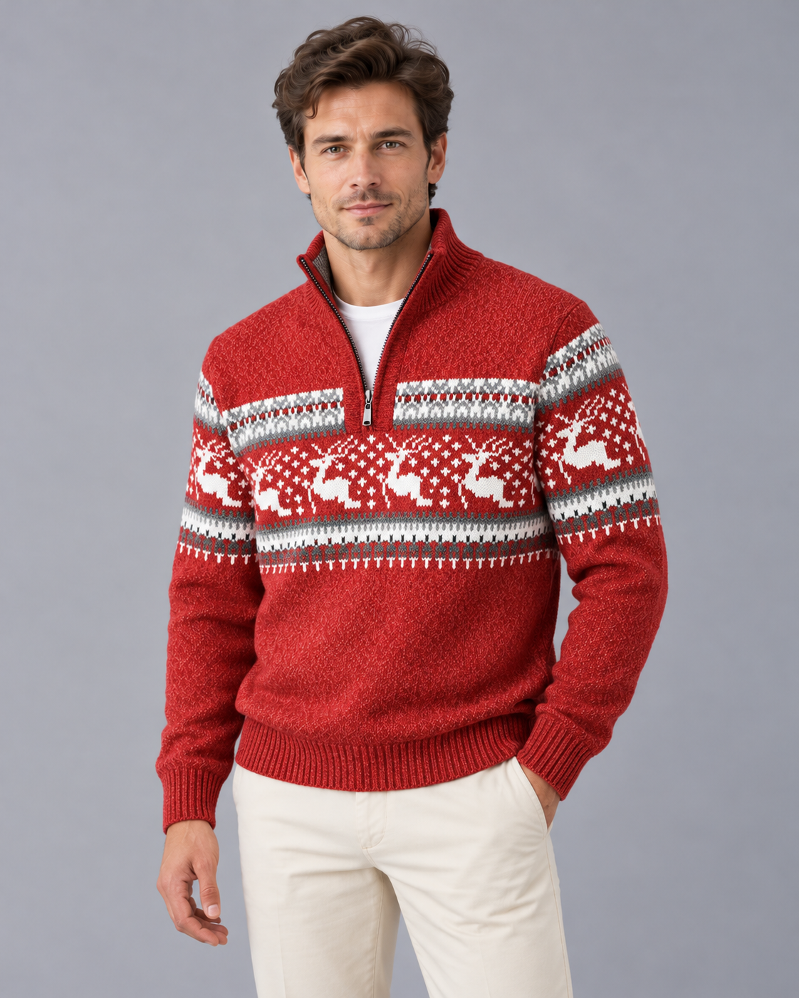Christmas Jumper Men Wool Blend Fair Isle Half Zip Reindeer Pattern