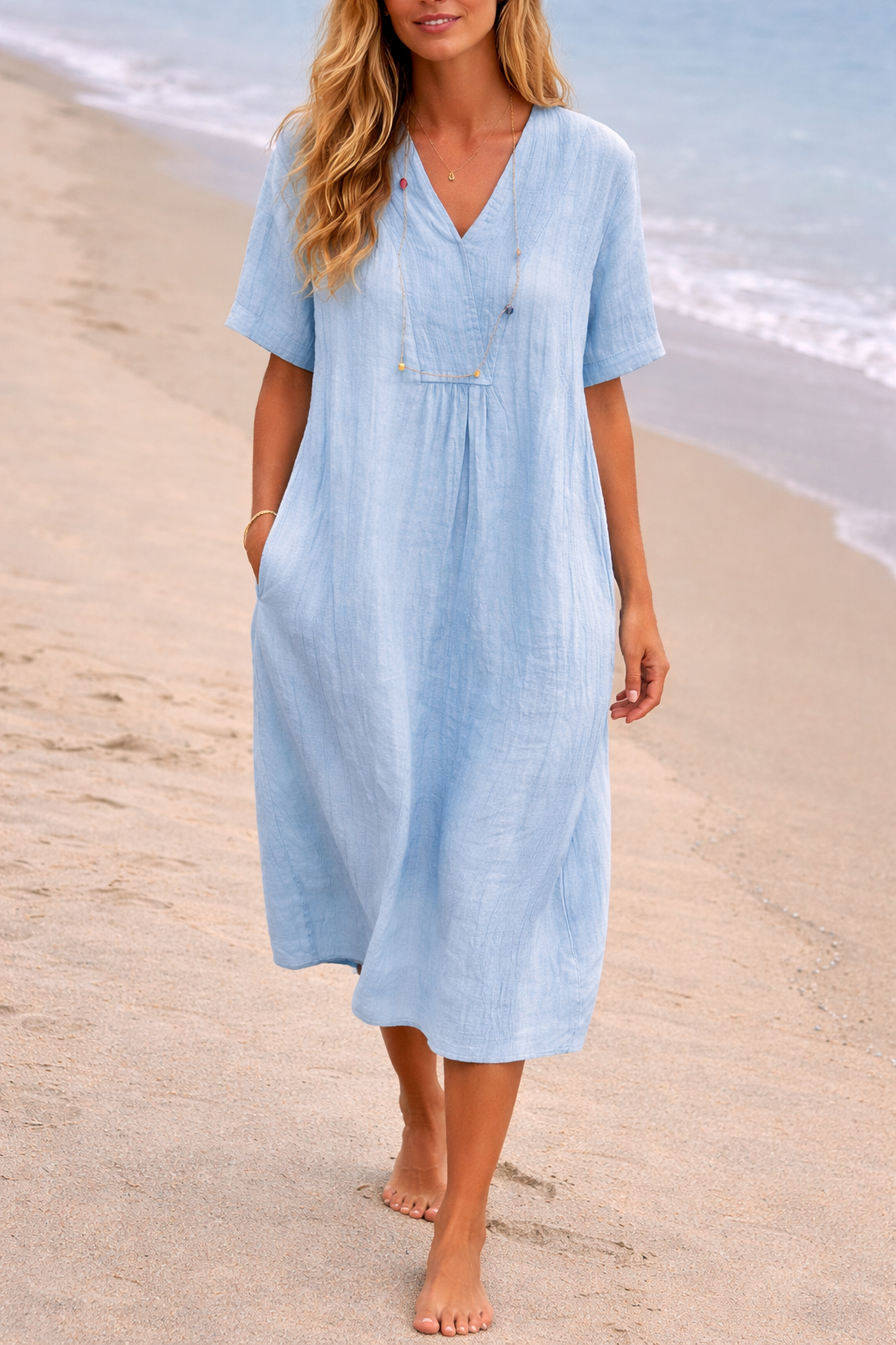 Linen Dress Women Midi Length Lightweight Casual V Neck Pockets