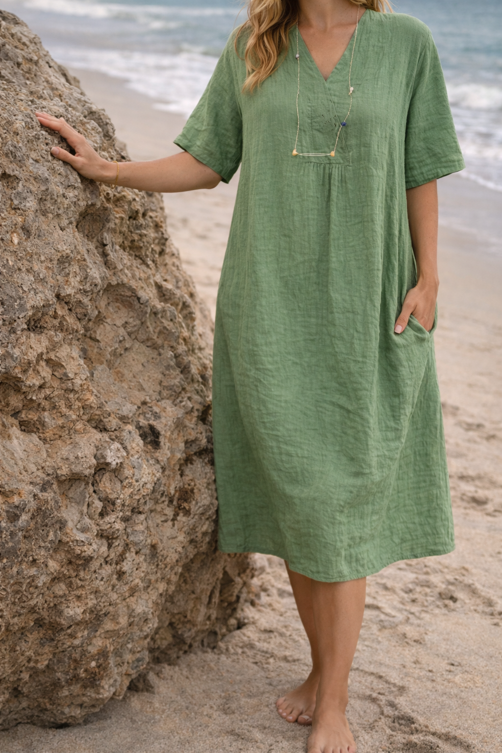 Linen Dress Women Midi Length Lightweight Casual V Neck Pockets